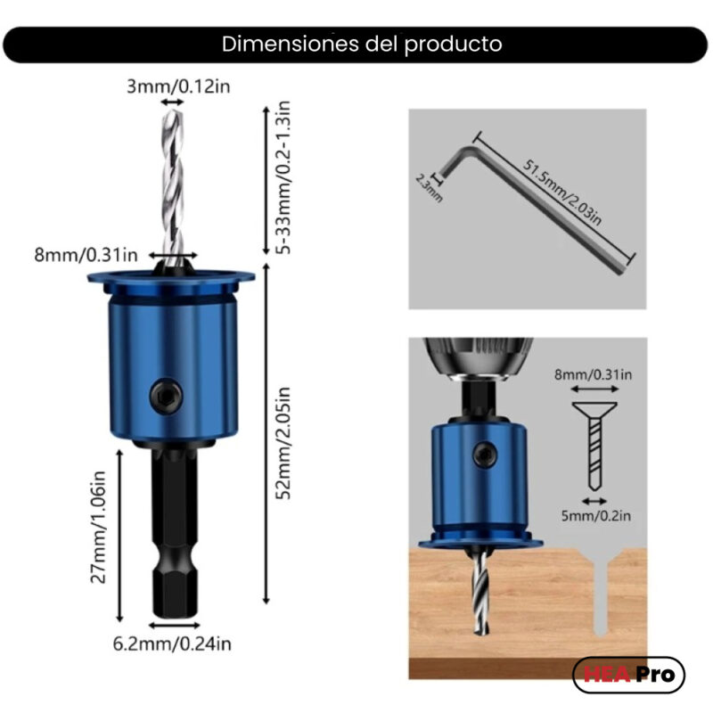 Set de Avellanadora 8mm con Tope y Vástago Hexagonal 1/4 + Broca 3mm - Imagen 2