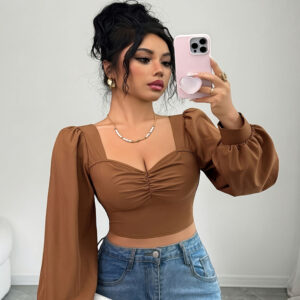 Blusa manga abullonada cuello cuadrado marron - XL