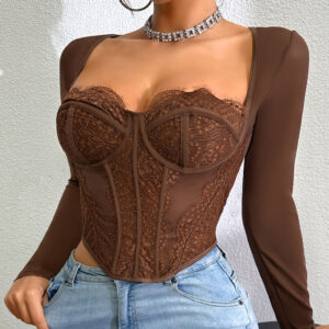 Blusa escote con encaje y varillas semi transpatente café - L